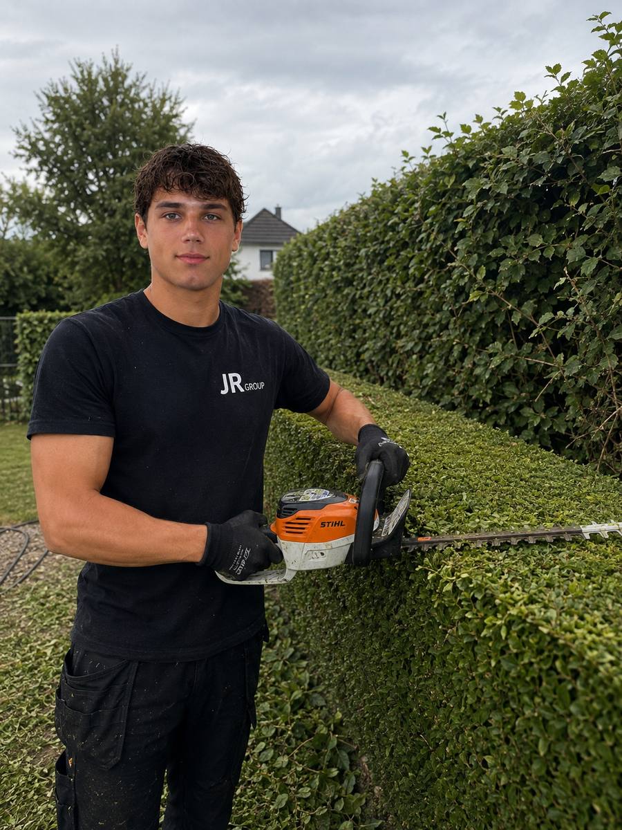 Julien Ranft, Inhaber der JR Group, beim Heckenschnitt.