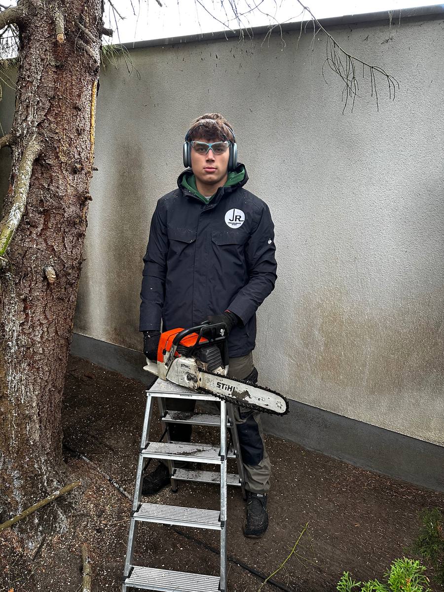 Mitarbeiter der JR Group mit Motorsäge vor einem Baum, der gefällt wird.