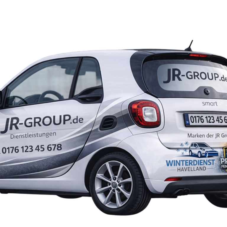 Smart Fortwo mit Firmenbranding der JR-GROUP.de und Kontaktnummer auf der Seite.